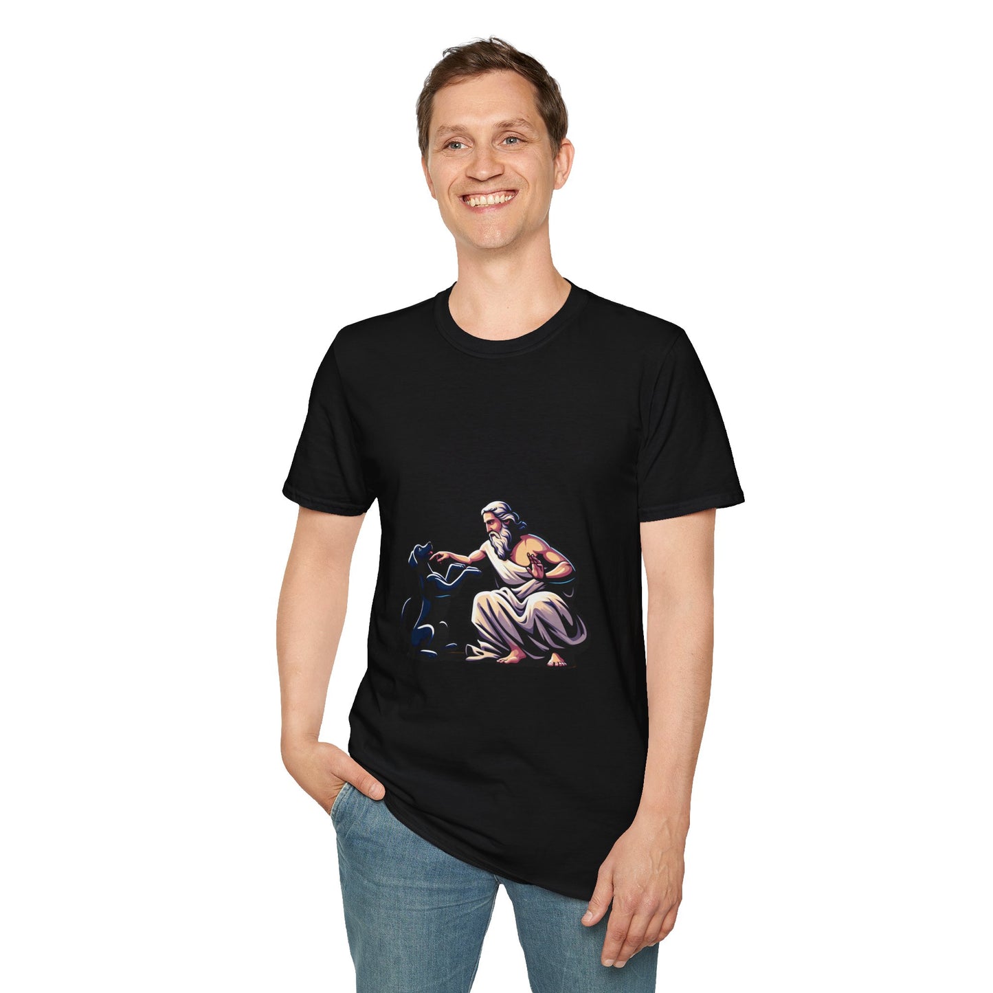 God pets a Dog T-Shirt | Unisex Softstyle - Biblical Prints