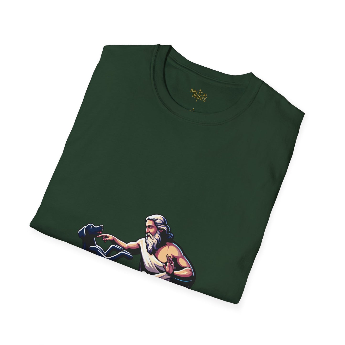 God pets a Dog T-Shirt | Unisex Softstyle - Biblical Prints