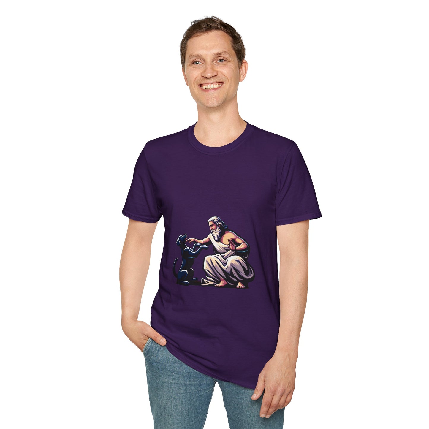 God pets a Dog T-Shirt | Unisex Softstyle - Biblical Prints