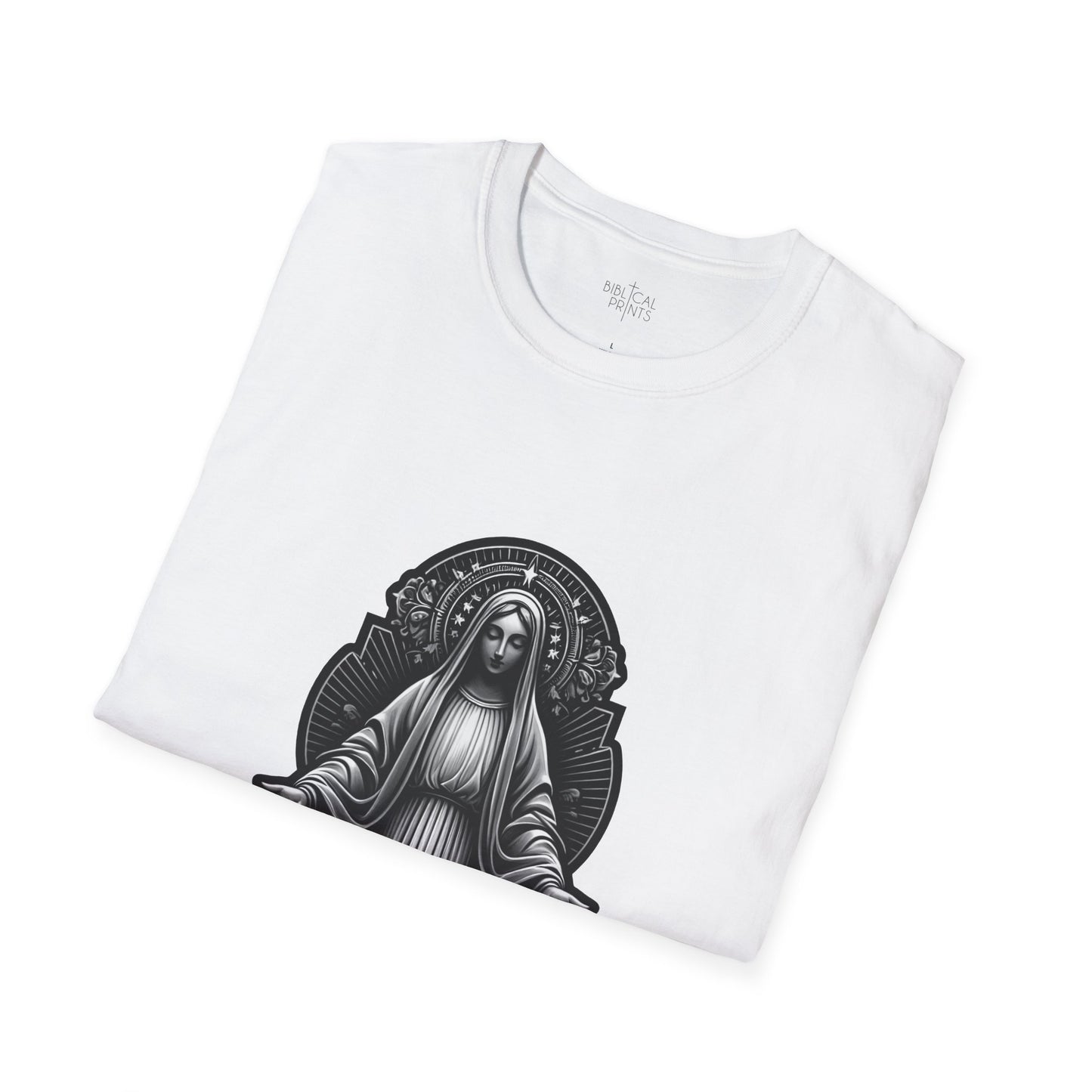 Holy Mary Black and White T-Shirt | Unisex Softstyle - Biblical Prints