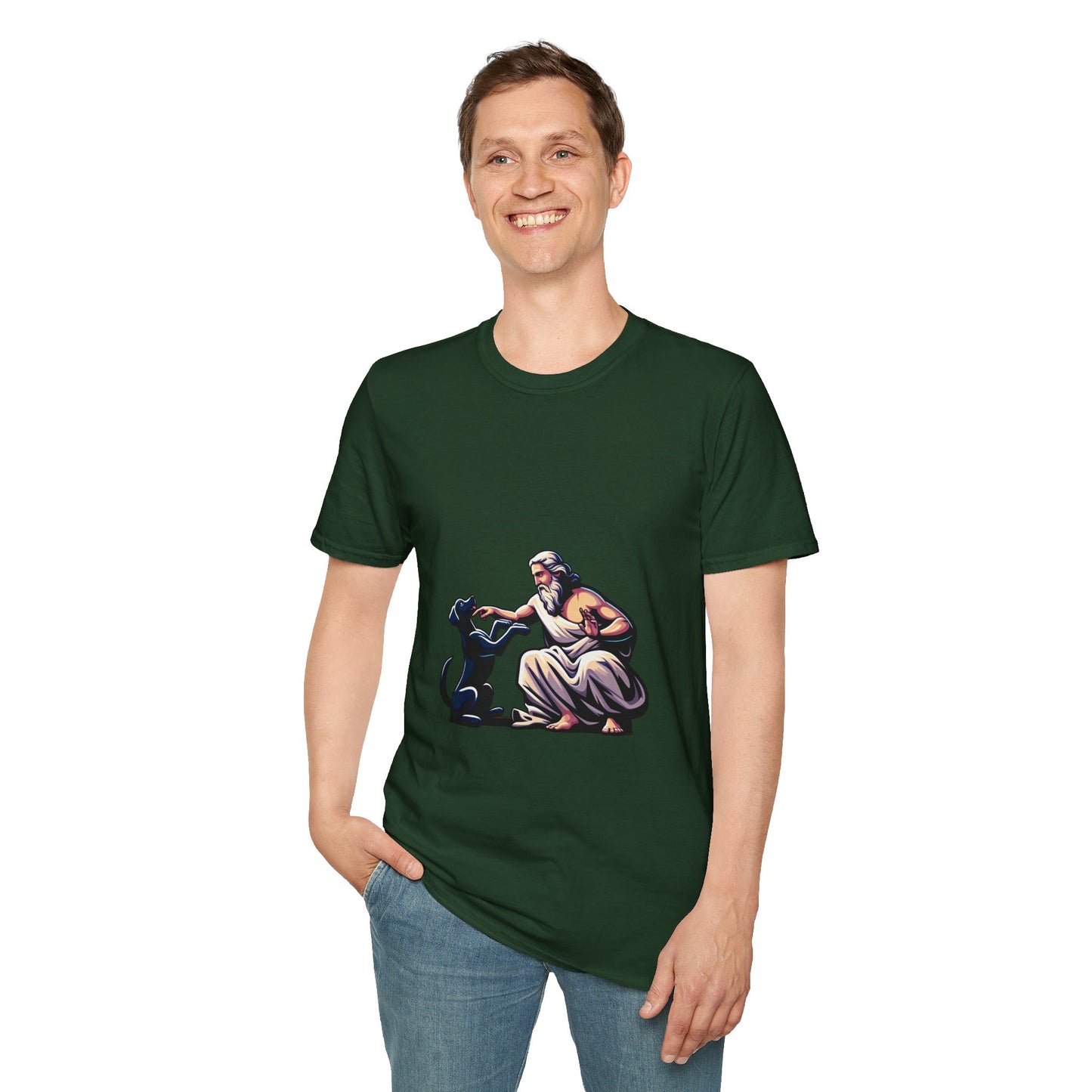 God pets a Dog T-Shirt | Unisex Softstyle - Biblical Prints