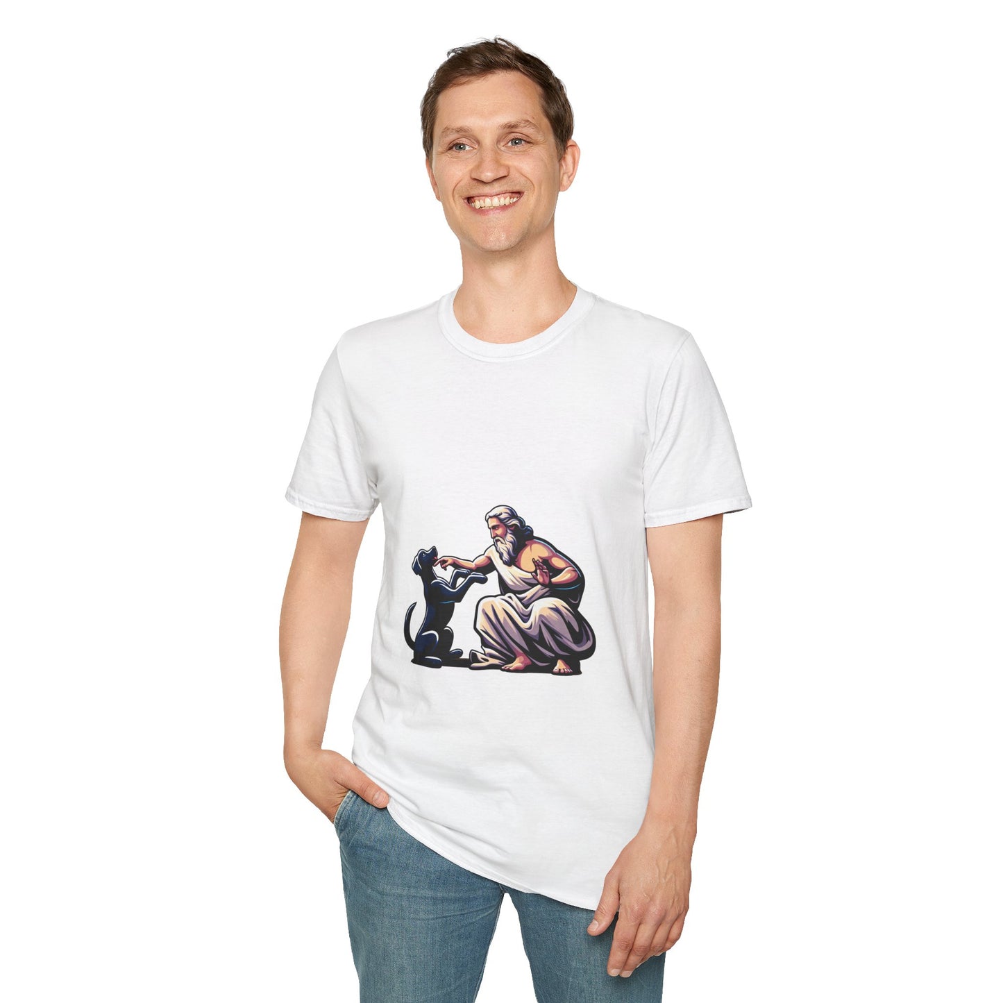God pets a Dog T-Shirt | Unisex Softstyle - Biblical Prints