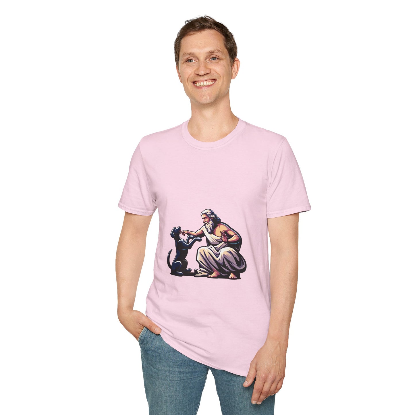 God pets a Dog T-Shirt | Unisex Softstyle - Biblical Prints