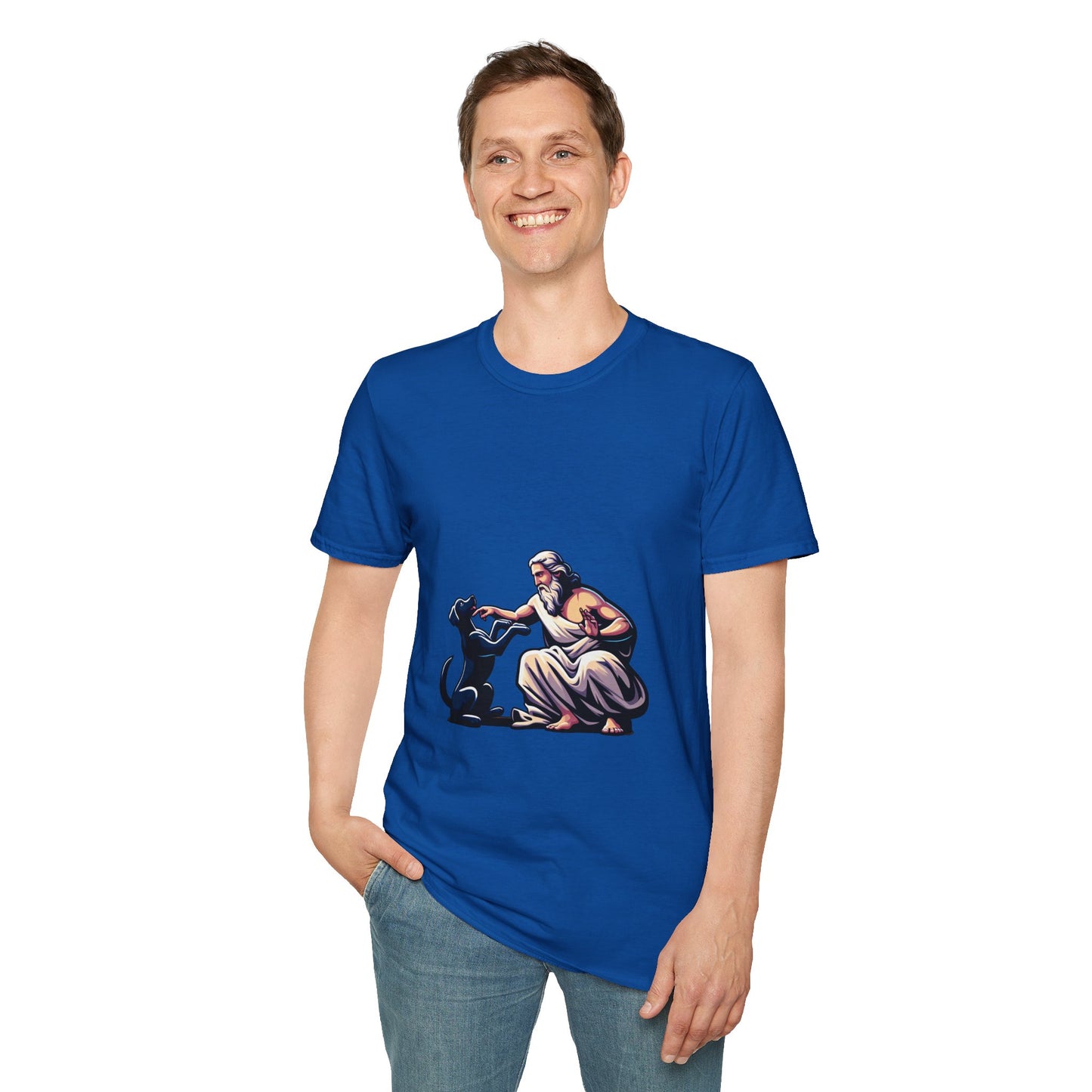 God pets a Dog T-Shirt | Unisex Softstyle - Biblical Prints