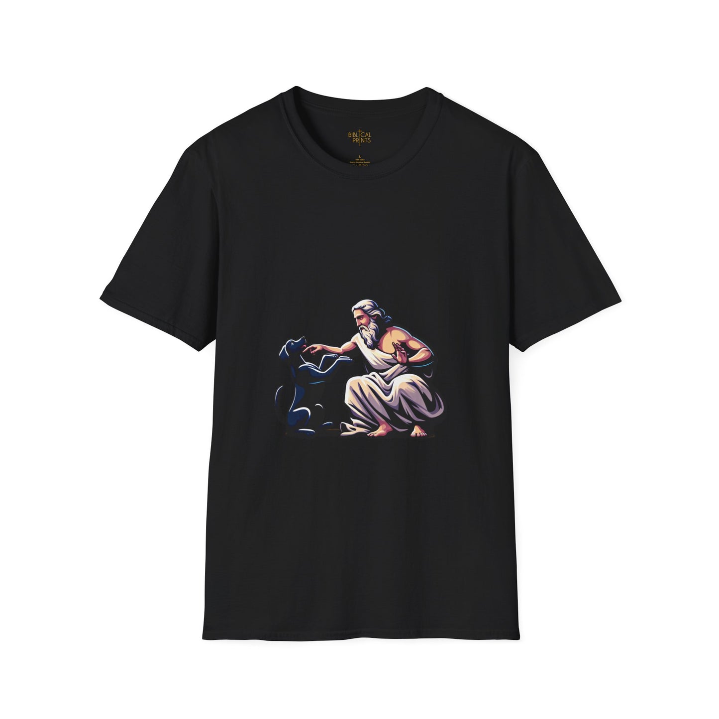 God pets a Dog T-Shirt | Unisex Softstyle - Biblical Prints